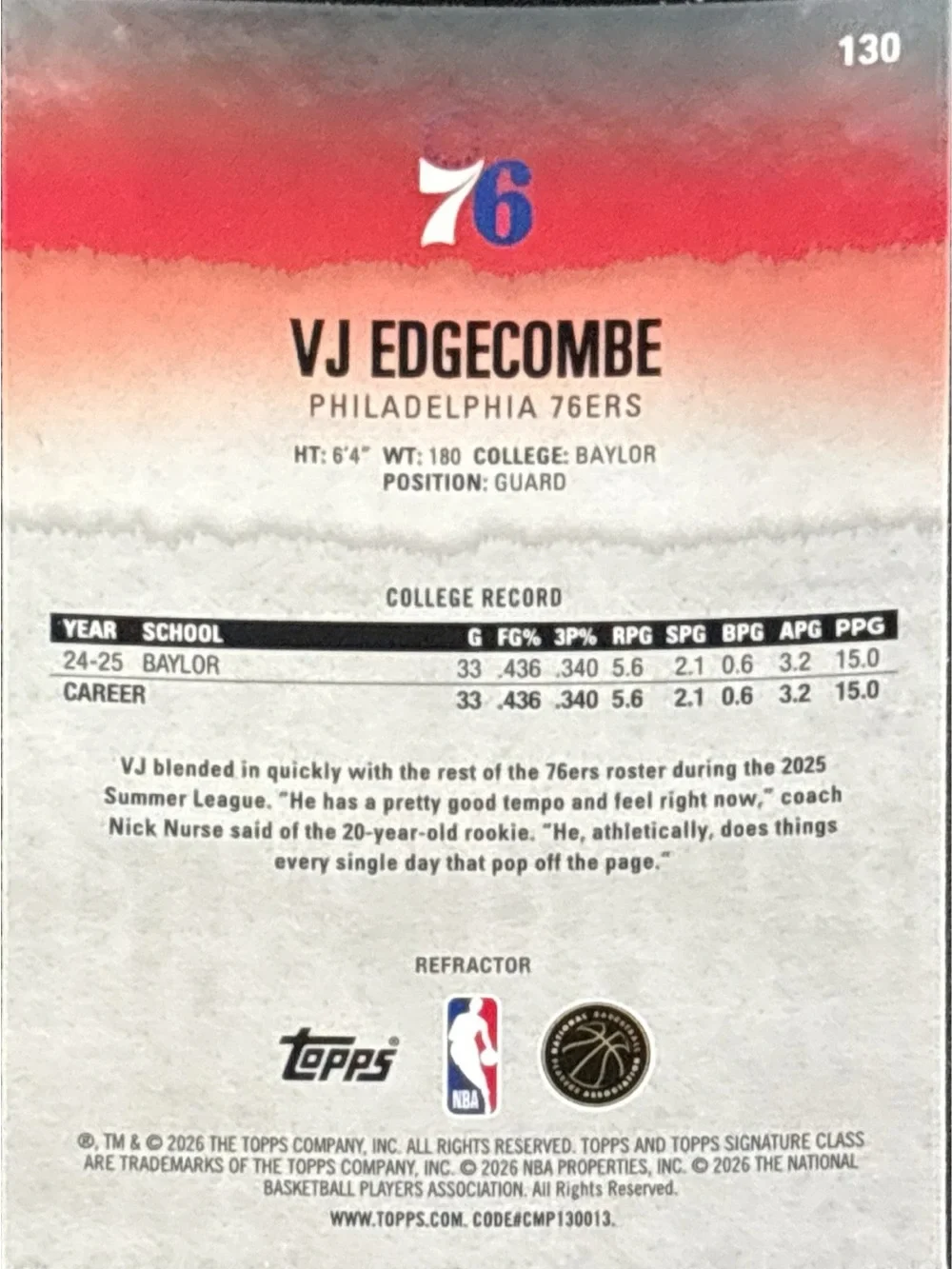 Topps Philadelphia 76ers VJ Edgecombe RC Trading Card